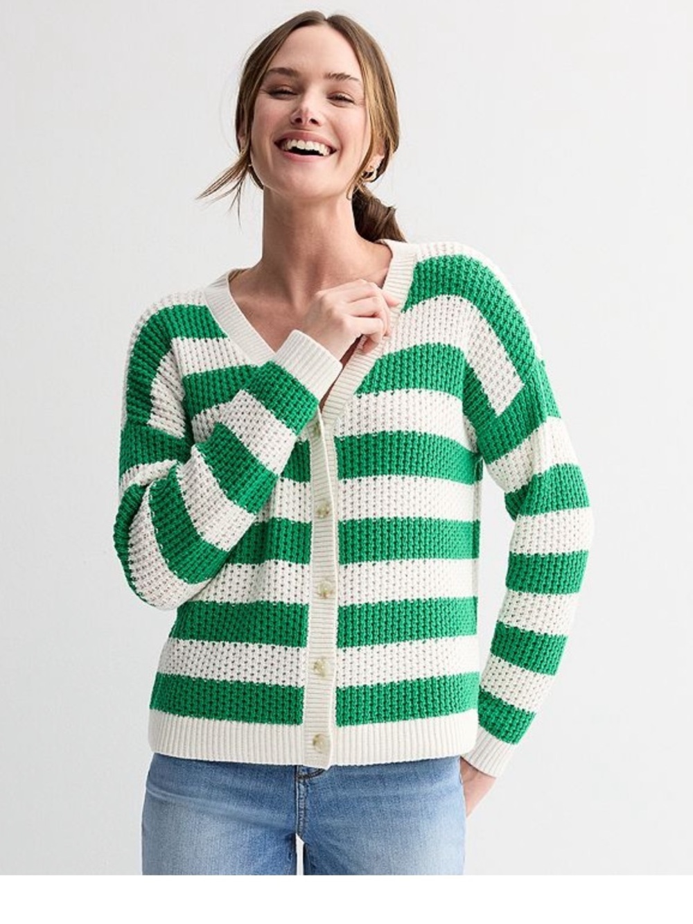 NWT Sonoma Green and White Striped V-Neck Button Cardigan Cotton Blend Medium